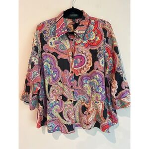 LAUREN Ralph Lauren Women's 16W Black Paisley Print Button Front Blouse Shirt